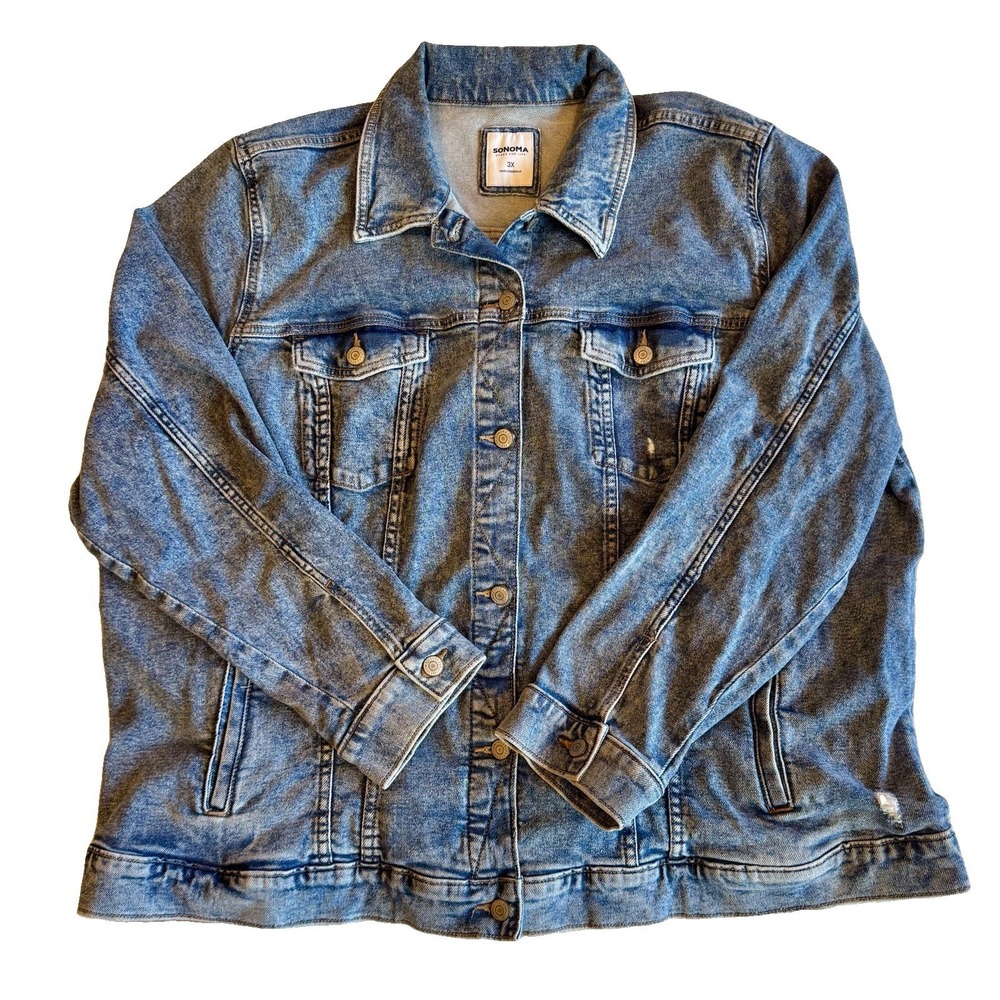 Sonoma Denim Jacket Womens 3X Blue Trucker Button Front Distressed Stretch